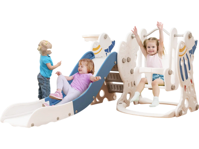 Costway 4-in-1 Kids Slide Swing Set Basketball Hoop Blue 87412395 New