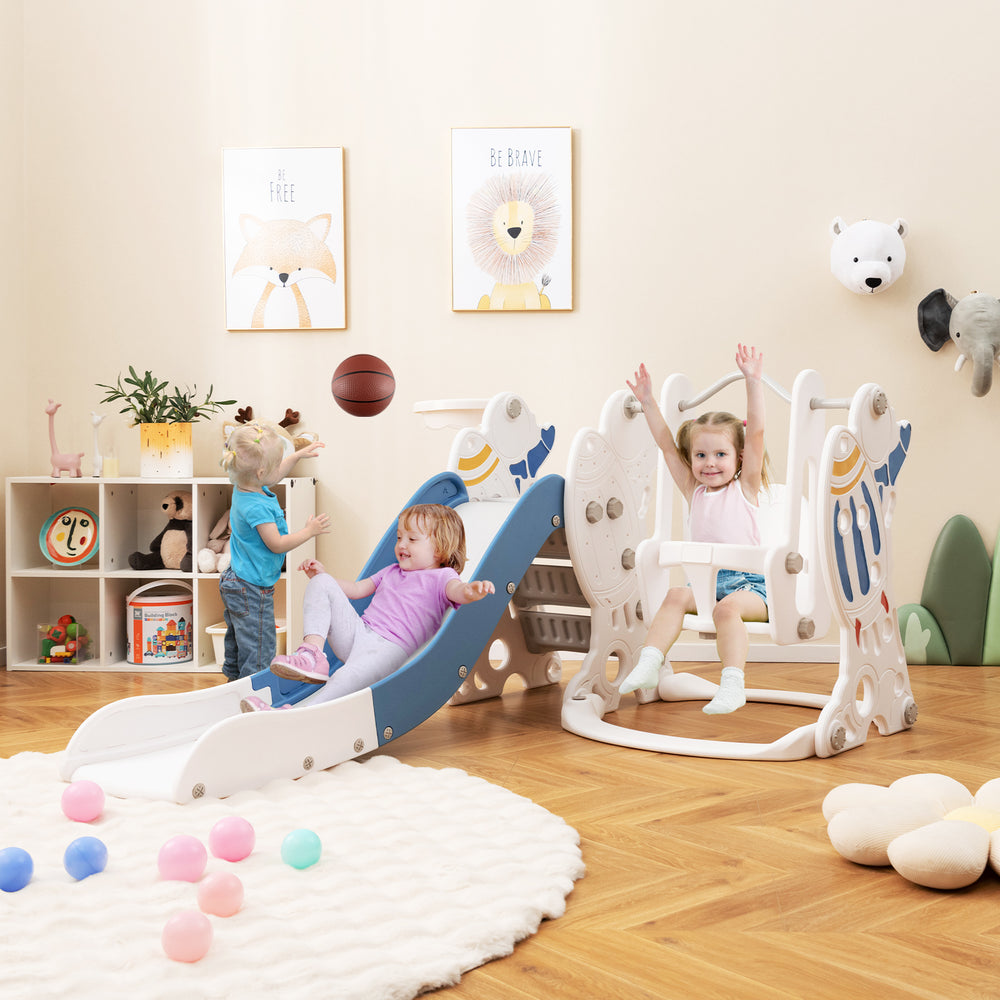 4-in-1 Kids Slide and Swing Set with Basketball Hoop-Blue - Gallery View 1 of 10