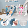 Kids 4-in-1 slide and swing set in blue with basketball hoop, featuring safe design and foldable slide for easy storage.