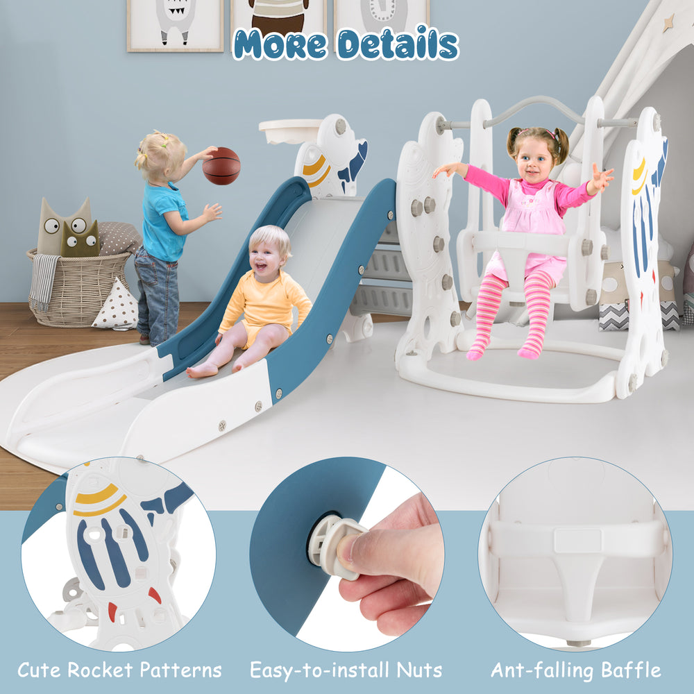 Kids 4-in-1 slide and swing set in blue with basketball hoop, featuring safe design and foldable slide for easy storage.