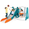 5-in-1 kids slide and swing set featuring a slide, swing, basketball hoop, and mini bus for imaginative play.