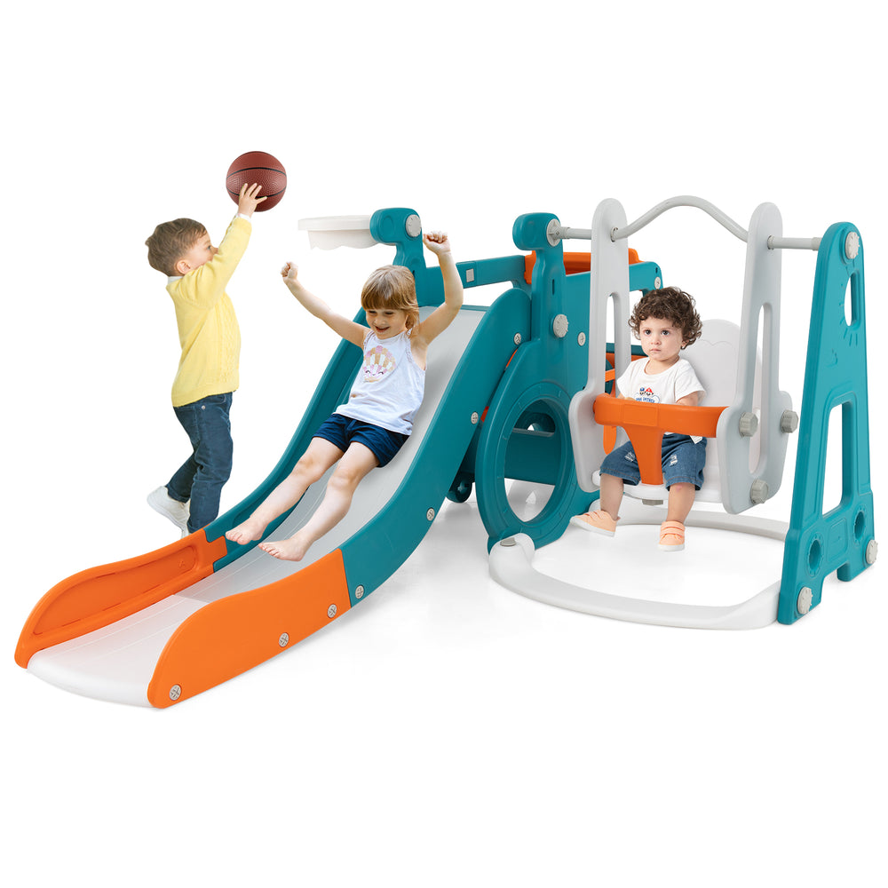 5-in-1 kids slide and swing set featuring a slide, swing, basketball hoop, and mini bus for imaginative play.