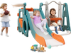 Kids enjoying the 5-in-1 multicolor slide and swing set with mini bus, basketball hoop, and playful activities.