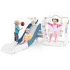 4-in-1 kids slide and swing set in blue with basketball hoop, designed for safe play and fun activities for toddlers.