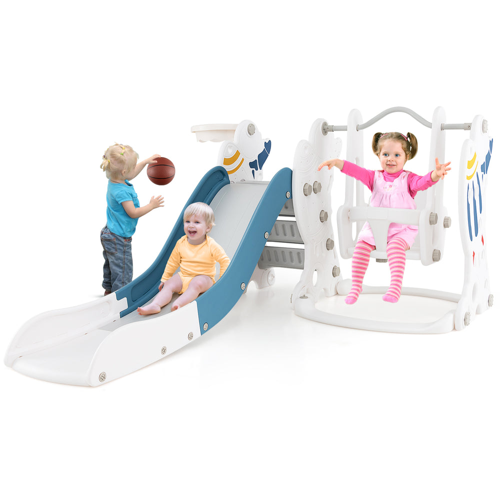 4-in-1 kids slide and swing set in blue with basketball hoop, designed for safe play and fun activities for toddlers.