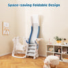 Kids slide and swing set in blue with foldable design, featuring a slide, swing, and basketball hoop for safe play.