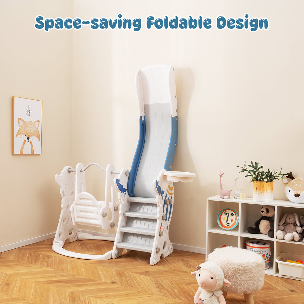 Kids slide and swing set in blue with foldable design, featuring a slide, swing, and basketball hoop for safe play.