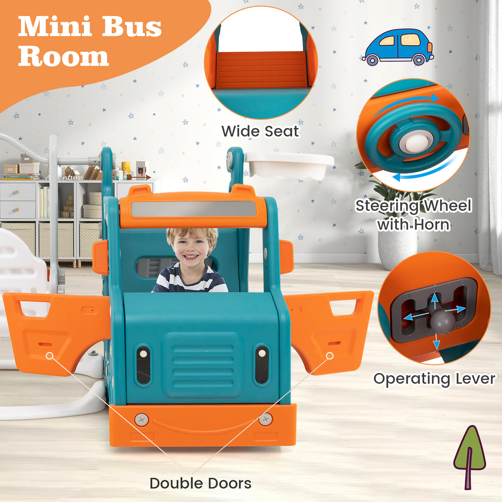Mini bus room with wide seat, dual doors, and steering wheel for kids' imaginative play in a colorful 5-in-1 set.