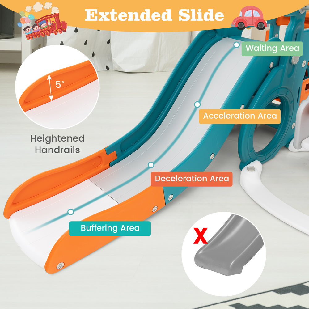 Extended slide of the 5-in-1 kids slide and swing set with heightened handrails for safe play and fun activities.