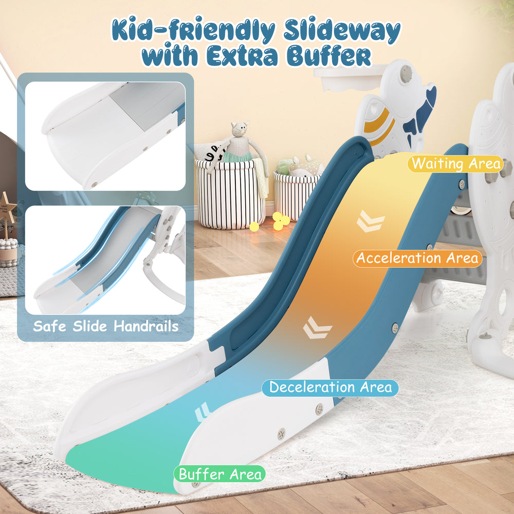 Kid-friendly slide with extra buffer zone, safe handrails, and foldable design for fun and secure playtime.