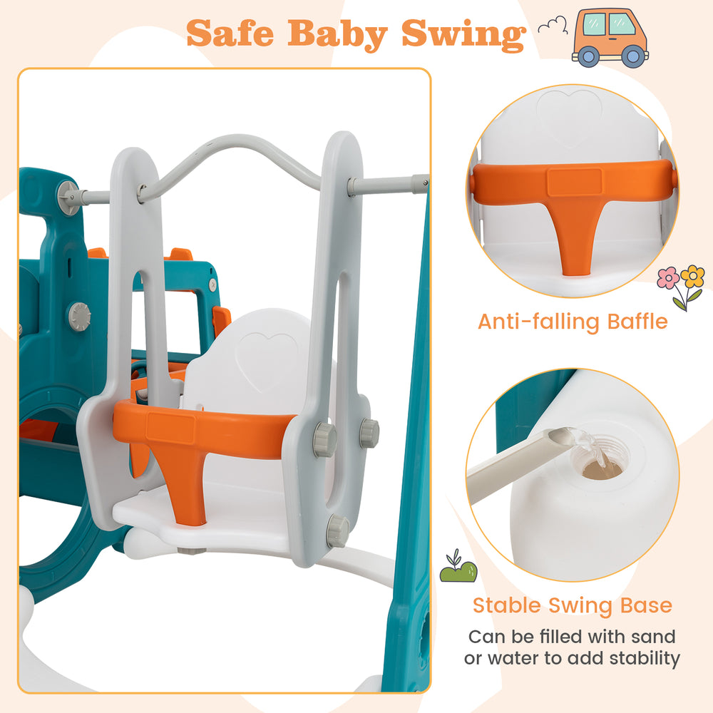 Safe baby swing with anti-falling baffle and stable base, part of a 5-in-1 kids slide and swing set for outdoor fun.