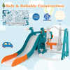 5-in-1 kids slide and swing set in multicolor with slide, swing, tunnel, basketball hoop, and mini bus for safe play.