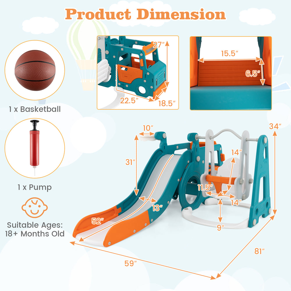 5-in-1 kids slide and swing set with mini bus, basketball hoop, and crawling tunnel, designed for safe outdoor play.