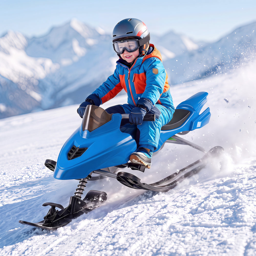 Kids snow racer sled in blue features brakes, steering handle, and ergonomic design for safe winter fun on snowy slopes.