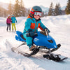 Kids Snow Racer sled in blue with ergonomic seat, foot brake, and tow rope, perfect for winter fun and safe skiing.
