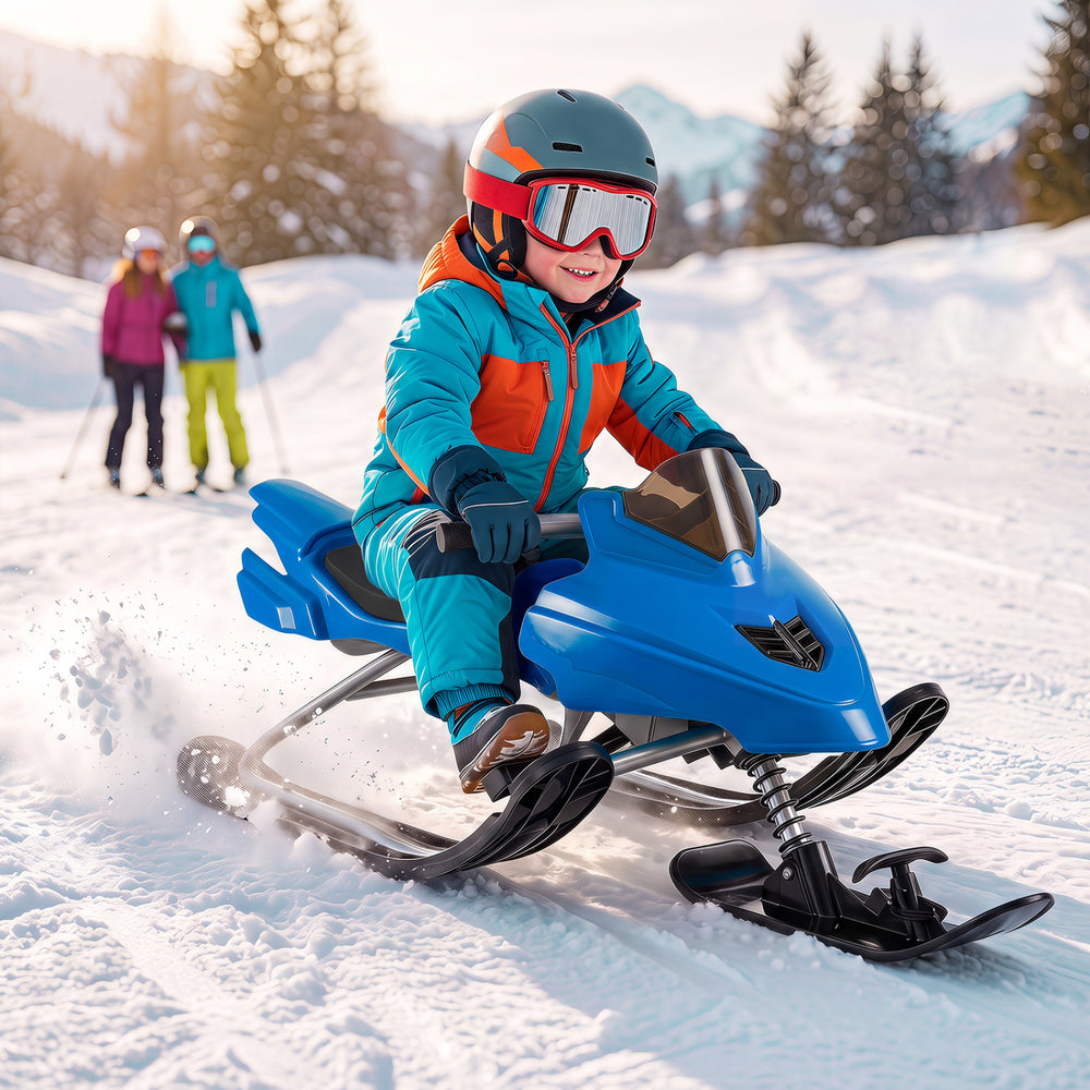 Kids Snow Racer sled in blue with ergonomic seat, foot brake, and tow rope, perfect for winter fun and safe skiing.