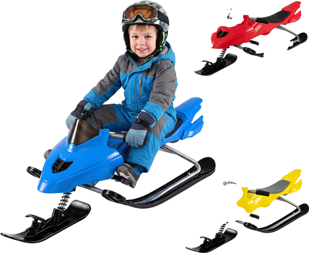 Kids snow racer sled in blue features brakes, tow rope, and steering handle for safe winter fun and easy maneuvering.