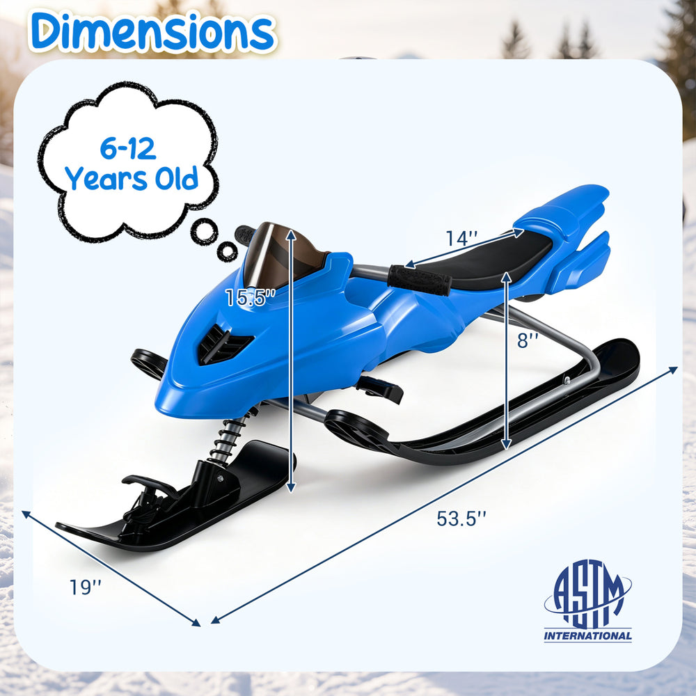 Kids snow racer sled in blue features brakes, tow ropes, and steering handle for safe winter fun, suitable for ages 6-12.