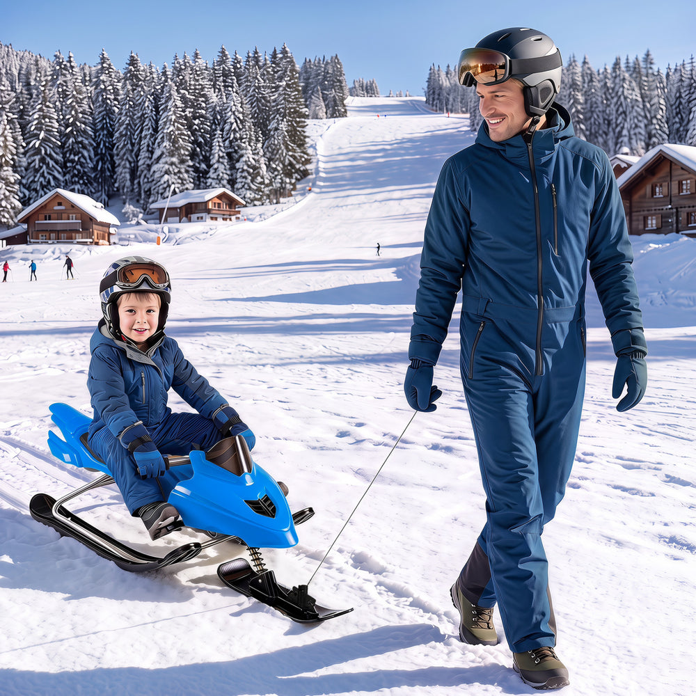 Kids Snow Racer sled in blue with brakes, tow rope, and steering handle, perfect for winter fun and safe skiing.