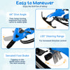 Kids snow racer sled in blue features a 44° dive angle, serrated foot brake, and steering handle for winter fun.