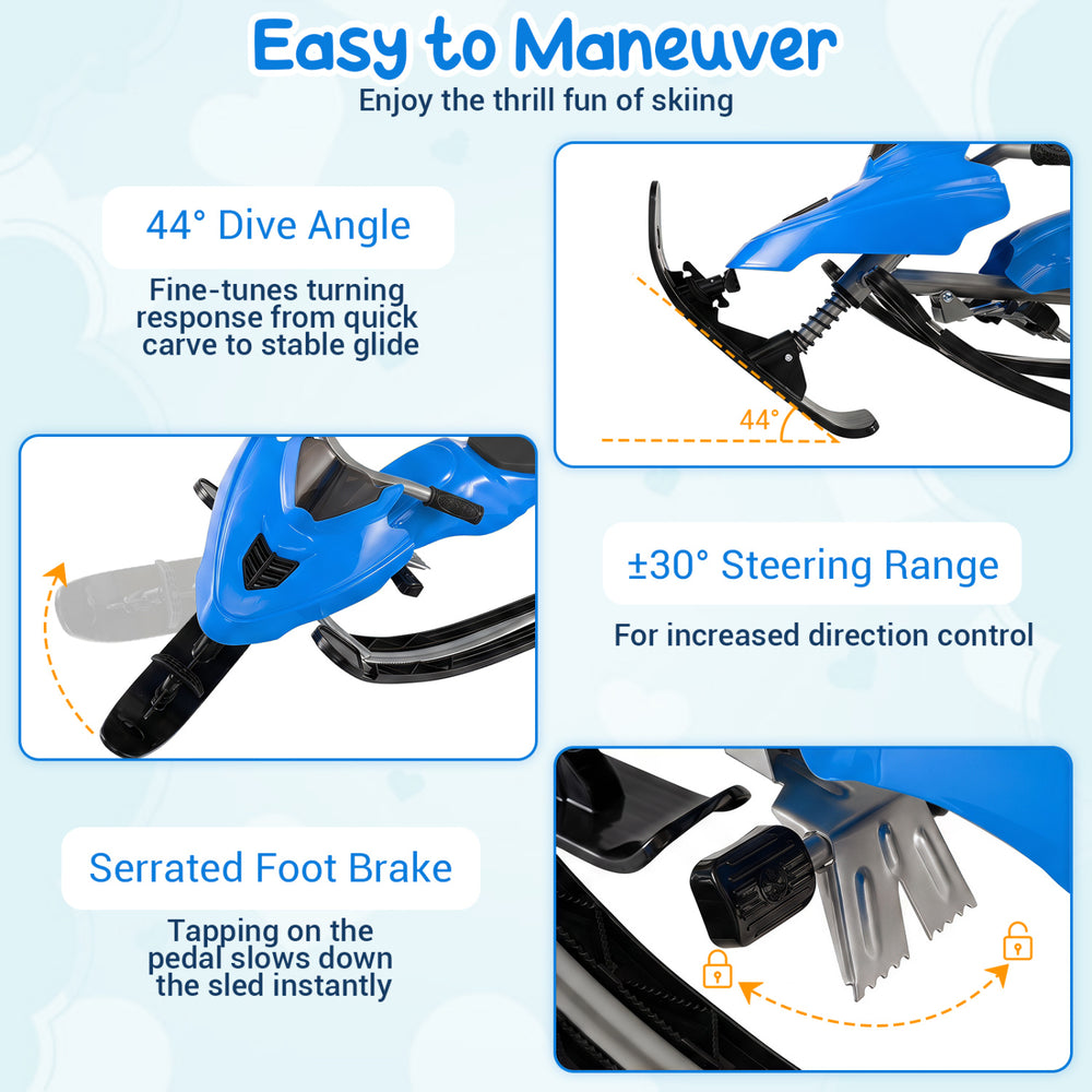 Kids snow racer sled in blue features a 44° dive angle, serrated foot brake, and steering handle for winter fun.