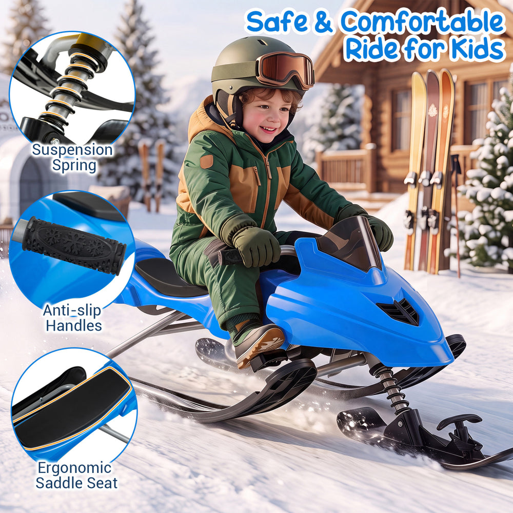 Kids Snow Racer Sled in blue features an ergonomic seat, anti-slip handles, and a foot brake for safe winter fun.