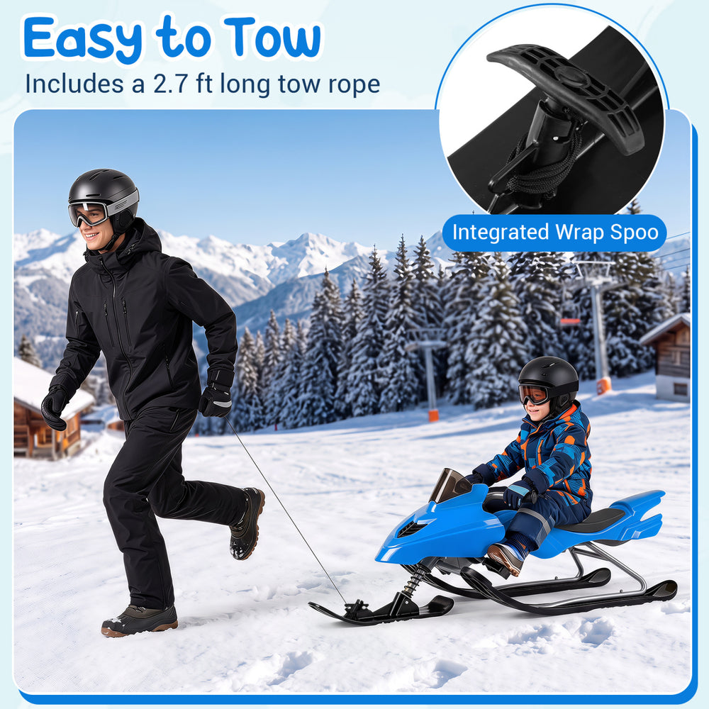 Kids snow racer sled in blue features brakes, tow rope, and steering handle for safe winter fun and easy maneuverability.
