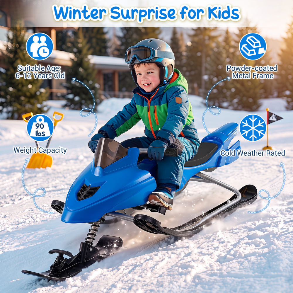 Kids snow racer sled in blue features a powder-coated metal frame, ergonomic seat, and foot brake for safe winter fun.
