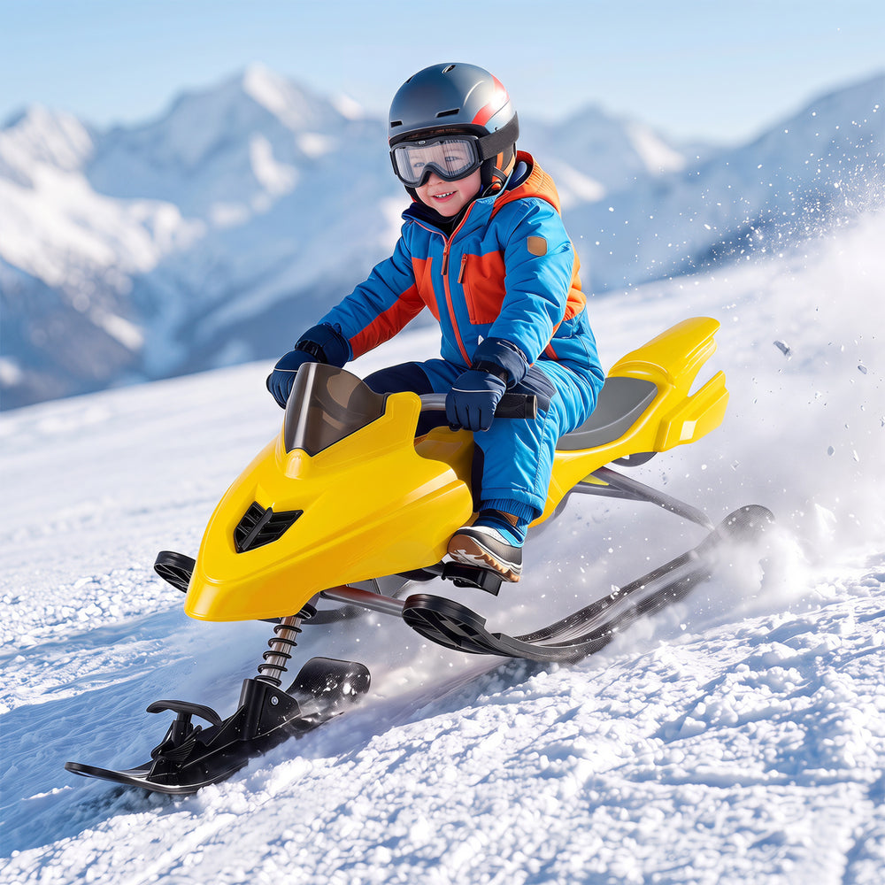 Kids Snow Racer Sled with Brakes & Tow Ropes and Steering Handle for Winter-Yellow - Gallery View 1 of 10