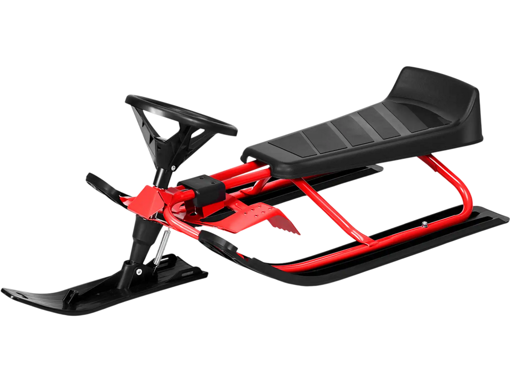 Kids snow sled in red with steering wheel, double brakes, and pull rope for easy transport and outdoor fun.