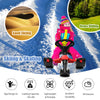 Kids snow sled in red with steering wheel and double brakes, designed for ages 6+, perfect for outdoor fun.