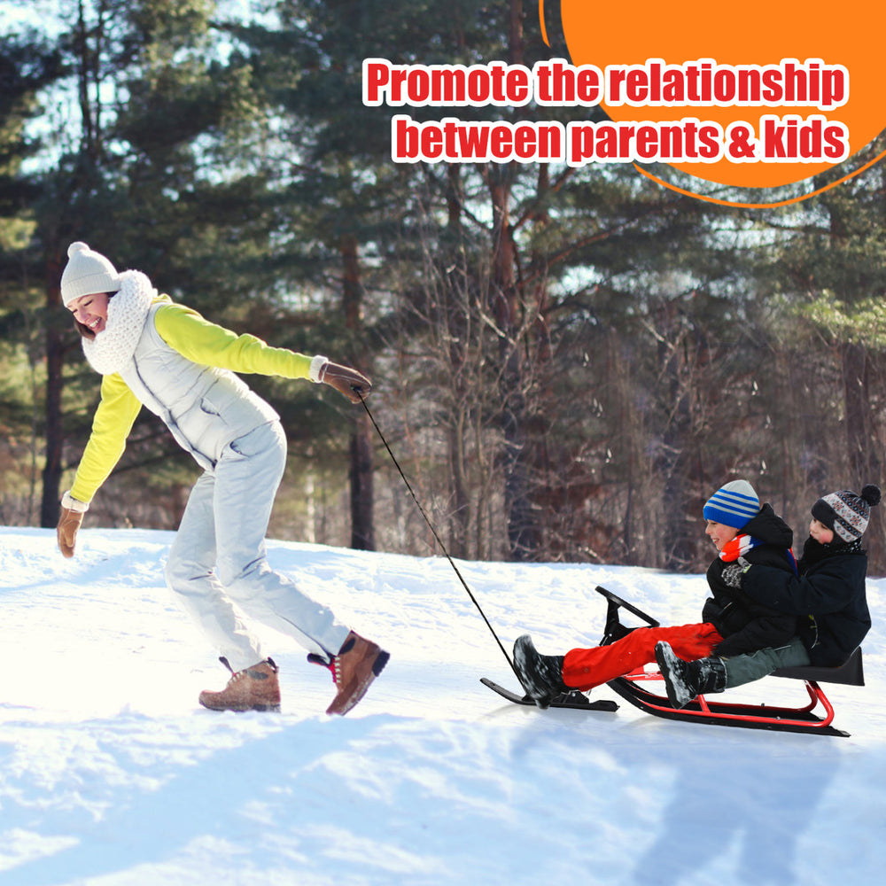 Kids snow sled in red with steering wheel and double brakes, perfect for outdoor fun and easy to pull uphill.