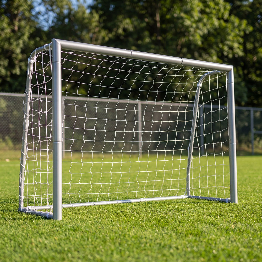 Kids soccer goal with tear-resistant net shown from the front on a grassy field for everyday matches.