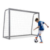 Kids soccer goal with tear-resistant net and galvanized tube frame shown with a player and soccer ball during practice.