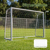 Kids soccer goal with tear-resistant net, galvanized tube frame and 6 metal ground stakes, shown with dimensions.