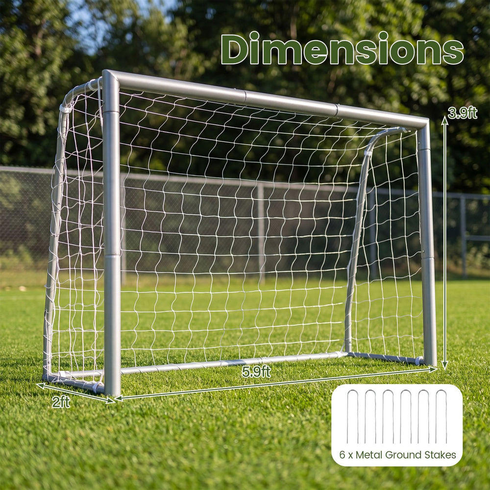 Kids soccer goal with tear-resistant net, galvanized tube frame and 6 metal ground stakes, shown with dimensions.