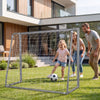 Kids soccer goal with tear-resistant net shown in backyard play, featuring a galvanized tube frame for everyday matches.