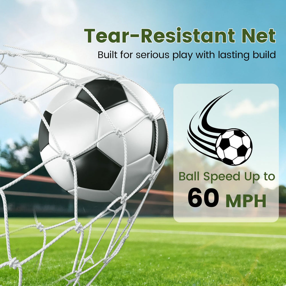Kids soccer goal with tear-resistant net and ground stakes, shown with a soccer ball for everyday matches.