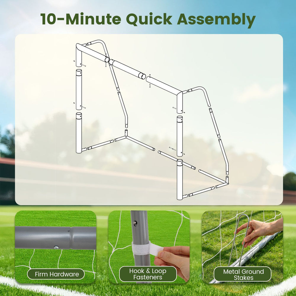 Exploded view of kids soccer goal frame with firm hardware, tear-resistant net, and metal ground stakes for quick assembly.