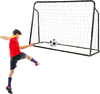 Kids soccer rebounder and goal in black, adjustable height 40"-48", perfect for outdoor play and training.