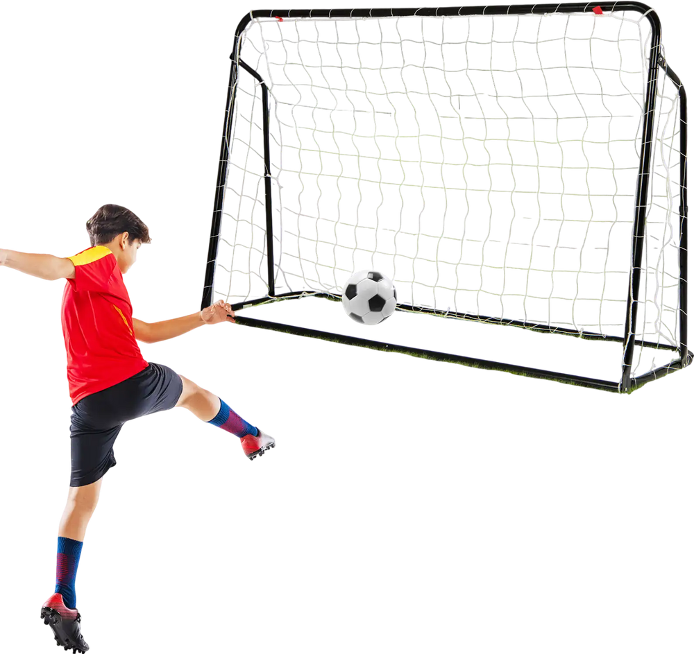 Kids soccer rebounder and goal in black, adjustable height 40"-48", perfect for outdoor play and training.