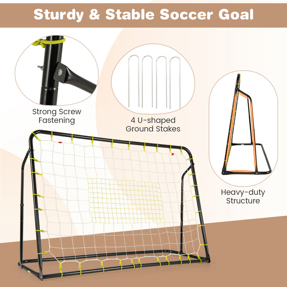 Adjustable 2-in-1 kids soccer goal and rebounder in black with heavy-duty structure and U-shaped ground stakes for.