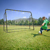 Kids soccer player kicking a ball towards the adjustable 2-in-1 soccer goal and rebounder for outdoor play.