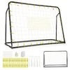 Kids soccer rebounder and goal with adjustable height, black frame, ideal for outdoor play and training.