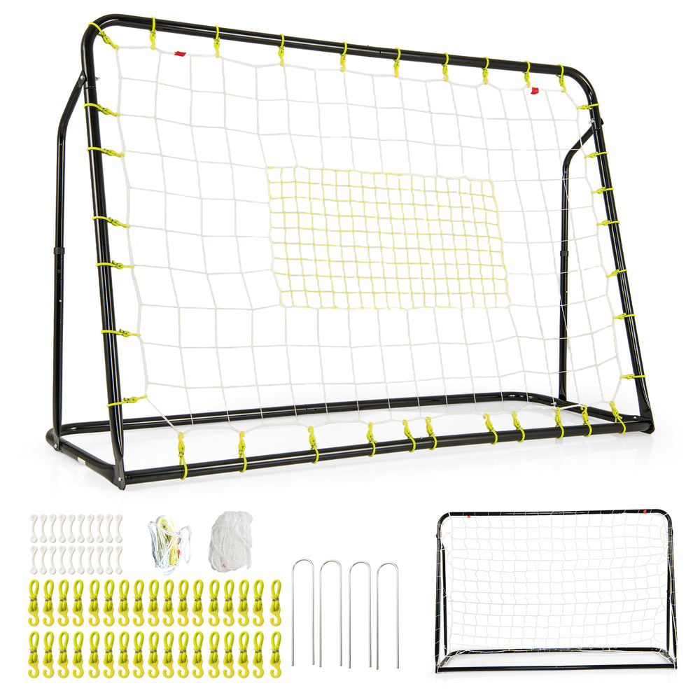 Kids soccer rebounder and goal with adjustable height, black frame, ideal for outdoor play and training.