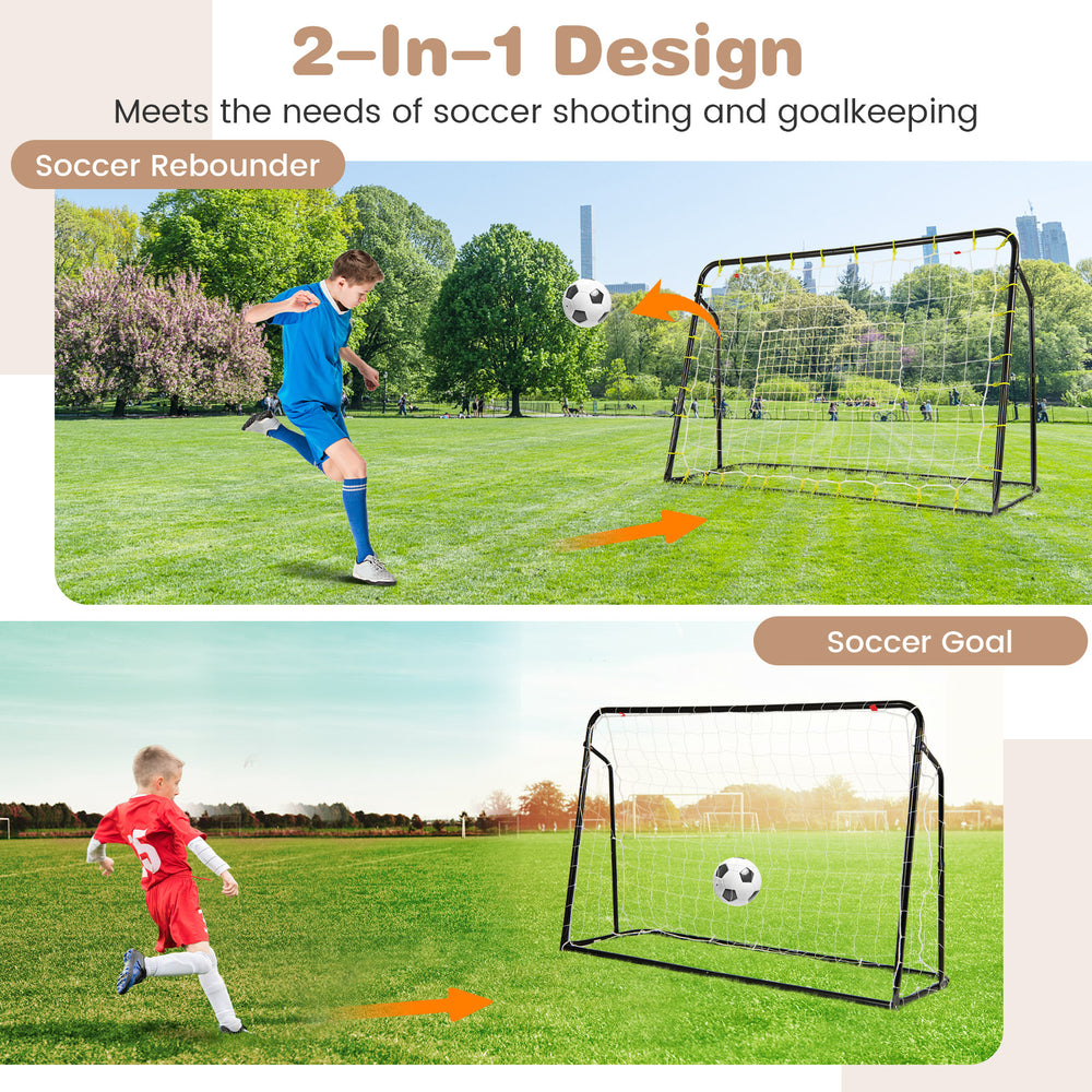 Adjustable 2-in-1 kids soccer rebounder and goal in black, perfect for outdoor play and training on the lawn or beach.