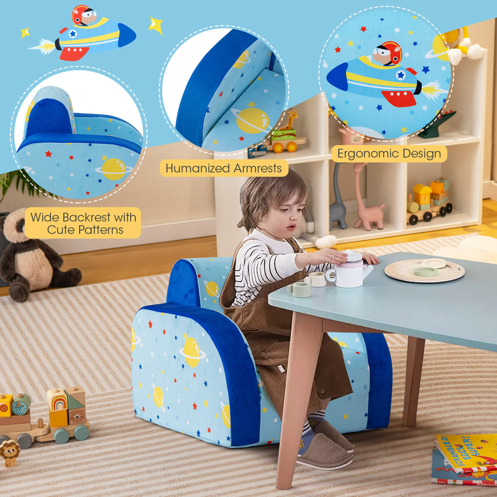 Convertible kids sofa with planet patterns, ergonomic design, and wide backrest for play, nap, and sleep.