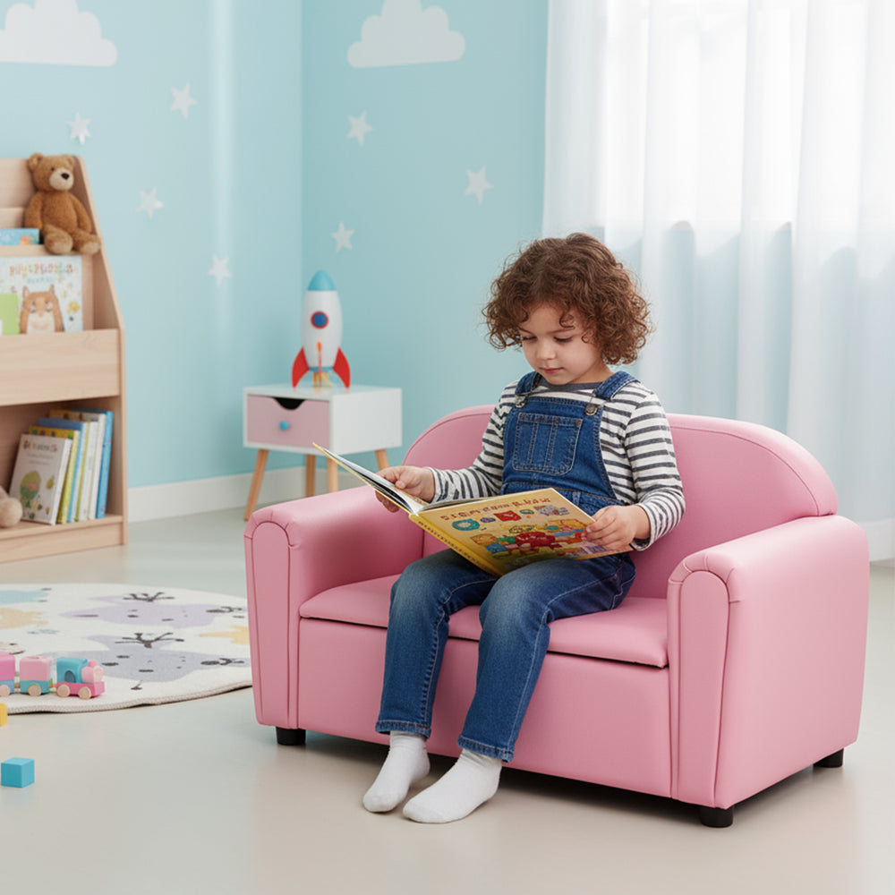 Kids pink sofa armrest chair with storage, featuring a sturdy frame and high-density sponge for comfort, perfect for.