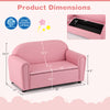 Kids sofa armrest chair in pink with storage function, featuring dimensions for a perfect fit in children's rooms.