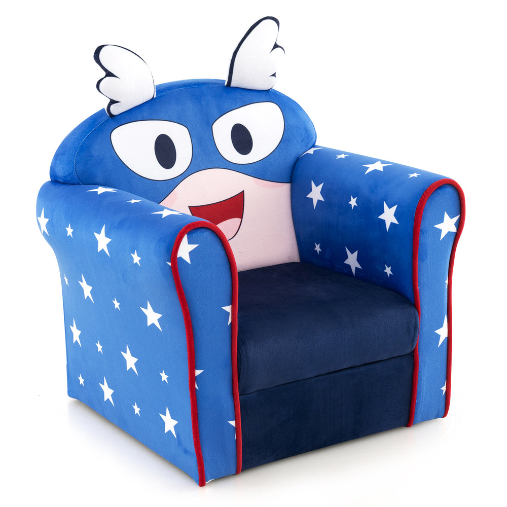 Kids sofa with armrest and thick cushion in blue, featuring a cute star design, ideal for children's rooms and play.